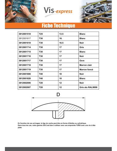 1 x Cache tête de vis TORX T30 Diamètre de...