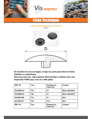 1 x Cache tête de vis TORX T15 Diamètre de...