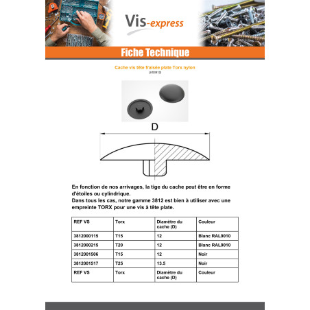 1 x Cache tête de vis TORX T20 Diamètre de tête: 12 Polyéthylène RAL9010 blanc pur