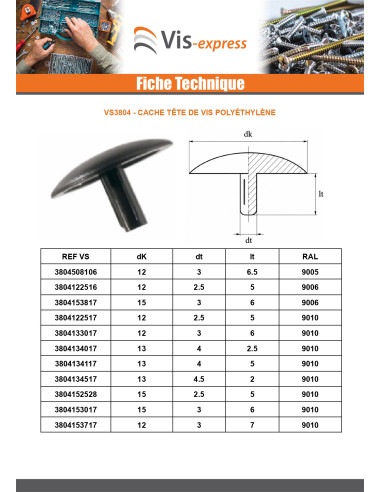 1 x Cache tête de vis Polyéthylène Diamètre de...