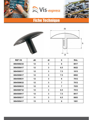 1 x Cache tête de vis Polyéthylène Diamètre de...