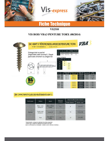 1 x VBA3 Penture 6X40 TORX T30 Acier zingué noir