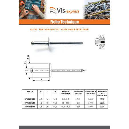 1 x Rivet aveugle tout acier ZING 4.8X20 Epaisseur de serrage 11 à 15 Tête large