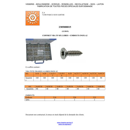 1 x Assortiment de 1666 VBA Vis bois agglo Tête fraisée TORX Inox A2 Embout