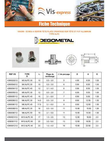 1 x Ecrou à sertir M5X12 ALPC 30 Aluminium...