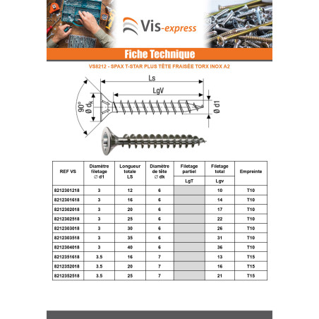 1 x Spax T-STAR PLUS Tête fraisée TORX T40 Inox A2 8X80 Filetée sur 47