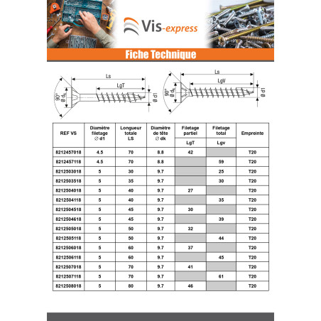 1 x Spax T-STAR PLUS Tête fraisée TORX T20 Inox A2 5X70 Filetée sur 41