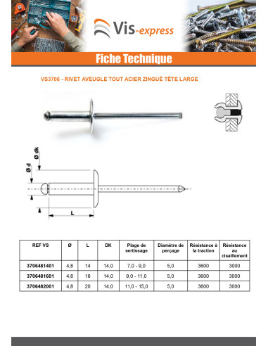 1 x Rivet aveugle tout acier ZING 4.8X14...