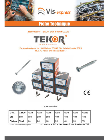 1 x TEKOR PACK PRO 1800 Vis Tête fraisée Cranté...