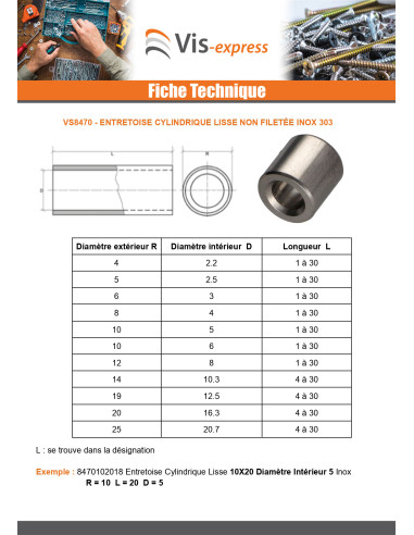 1 x Entretoise Cylindrique Lisse 25X30 Diamètre...