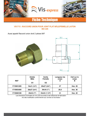 1 x Raccord union plat Mâle/Femelle 20x27...
