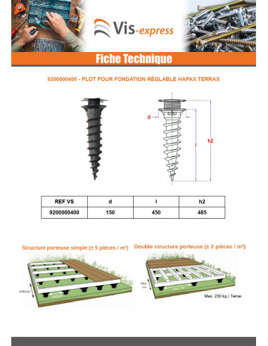 1 x Plot de fondation réglable HAPAX TERRAX 450MM