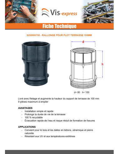 1 x Rallonge pour plot terrasse 100MM