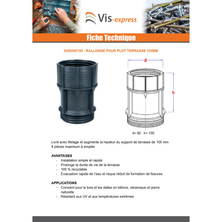 1 x Rallonge pour plot terrasse 100MM