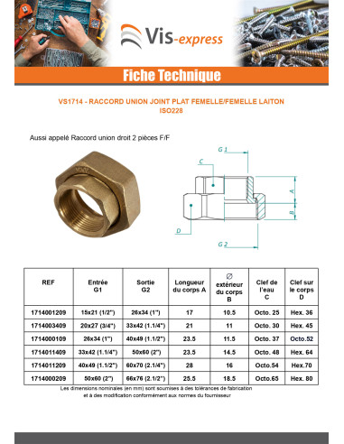1 x Raccord union plat Femelle/Femelle 50x60...