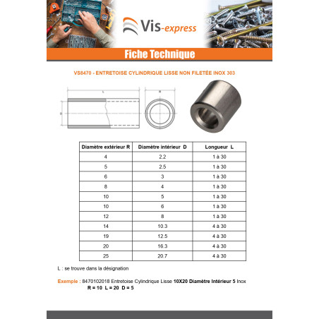 1 x Entretoise Cylindrique Lisse 20X20 Diamètre Intérieur 16.3INOX