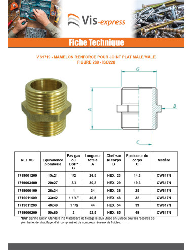 1 x Mamelon joint plat FIG 280 Mâle / Mâle...