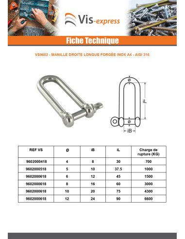 1 x Manille Droite Longue Forgée Inox A4...