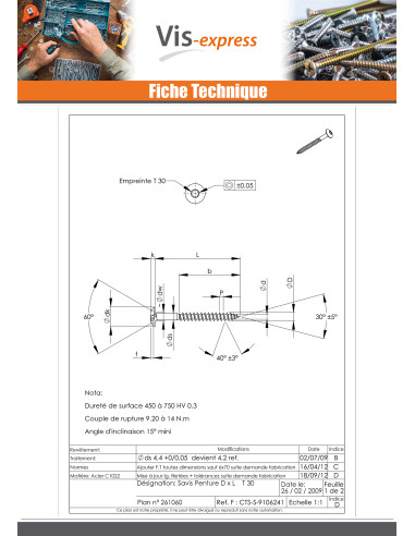 1 x Vis bois et agglomeré VBA Penture 6X60 TORX...
