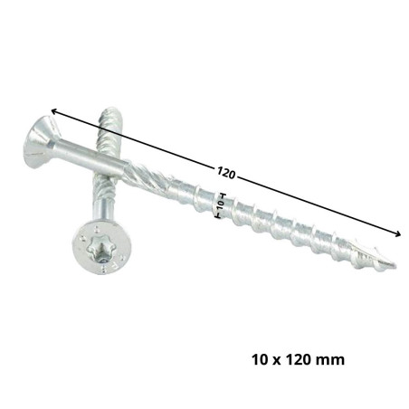 1 x Vis charpente TEKOR Tête fraisée Cranté TORX T40 10X120 Filetée sur 80 Pointe antifendage type 17 Acier zingué