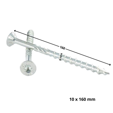 1 x Vis charpente TEKOR Tête fraisée Cranté TORX T40 10X160 Filetée sur 80 Pointe antifendage type 17 Acier zingué