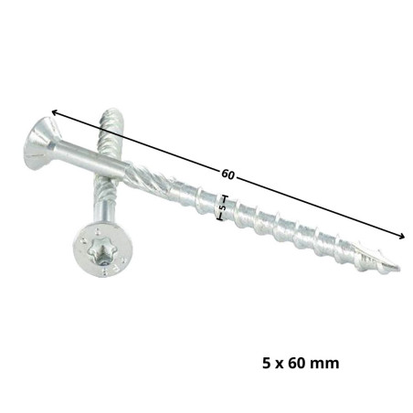 1 x Vis charpente TEKOR Tête fraisée Cranté TORX T25 5X60 Filetée sur 32 Pointe antifendage type 17 Acier zingué