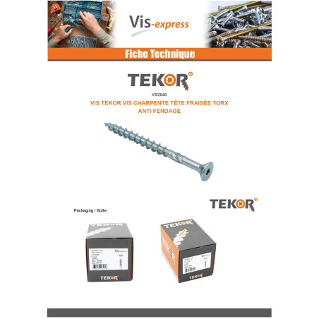 1 x Vis charpente TEKOR Tête fraisée Cranté TORX T25 5X60 Filetée sur 32 Pointe antifendage type 17 Acier zingué