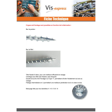 1 x Vis charpente TEKOR Tête fraisée Cranté TORX T25 5X60 Filetée sur 32 Pointe antifendage type 17 Acier zingué