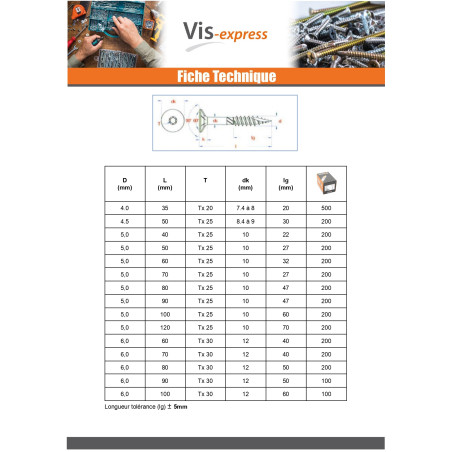 1 x Vis charpente TEKOR Tête fraisée Cranté TORX T25 5X60 Filetée sur 32 Pointe antifendage type 17 Acier zingué
