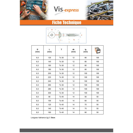 1 x Vis charpente TEKOR Tête fraisée Cranté TORX T25 5X60 Filetée sur 32 Pointe antifendage type 17 Acier zingué