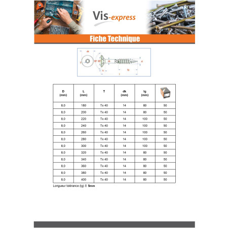 1 x Vis charpente TEKOR Tête fraisée Cranté TORX T25 5X60 Filetée sur 32 Pointe antifendage type 17 Acier zingué