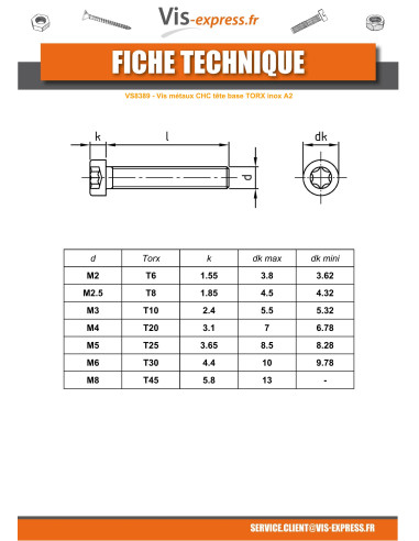 1 x Vis métaux Tête cylindrique TC Basse TORX...