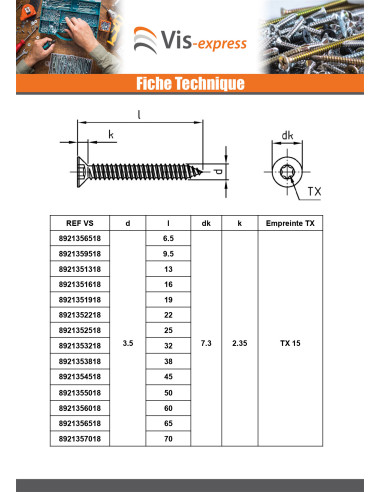 1 x Vis tôle Tête fraisée 2.2X4.5 TORX T6 Inox A4