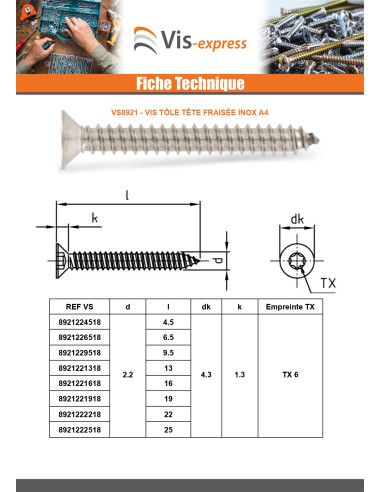 1 x Vis tôle Tête fraisée 2.2X19 TORX T6 Inox A4