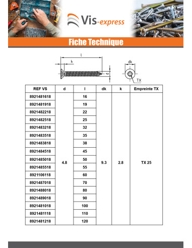 1 x Vis tôle Tête fraisée 2.2X19 TORX T6 Inox A4