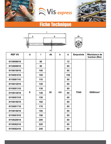 1 x Vis charpente tête disque Inox A2 8X400...
