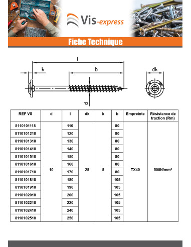 1 x Vis charpente tête disque Inox A2 8X400...