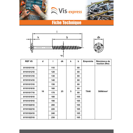 1 x Vis charpente tête disque Inox A2 8X400 Filetée sur 80 TORX T40 Diamètre de tête: 20