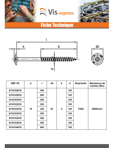 1 x Vis charpente tête disque Inox A2 8X400...