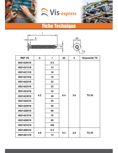 1 x Vis tôle Tête fraisée 2.2X6.5 TORX T6 Inox A4