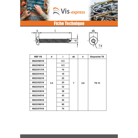 1 x Vis tôle Tête cylindrique bombée TCB 3.5X9.5 TORX T15 Inox A4