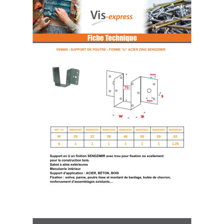 1 x Sabot de charpente Forme U support poutre 59X75 Sendzimir
