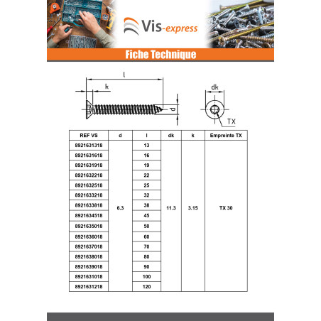 1 x Vis tôle Tête fraisée 4.8X35 TORX T25 Inox A4