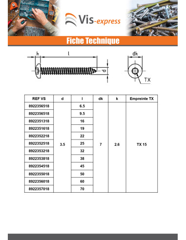 1 x Vis tôle Tête cylindrique bombée TCB 6.3X38...