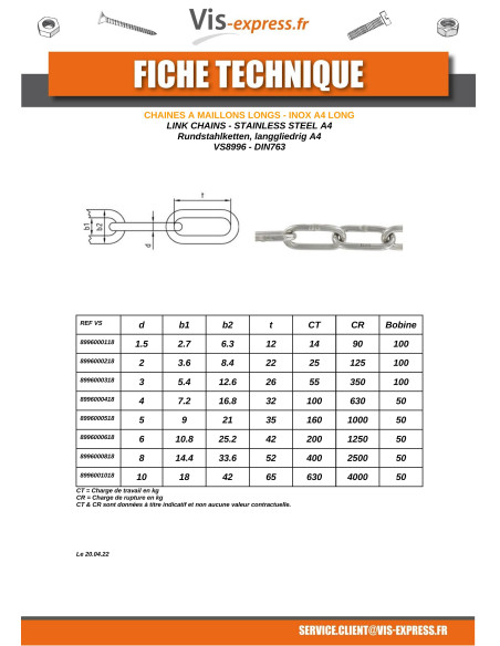 1 x M Chaîne à MAILL Long Diamètre 3 Inox A4 (vendu au m)