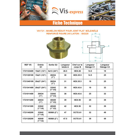 1 x Mamelon réduit Figure 245 pour joint plat Mâle / Mâle renforcé 33x42 (1"1/4) X 80x90 (3") Laiton