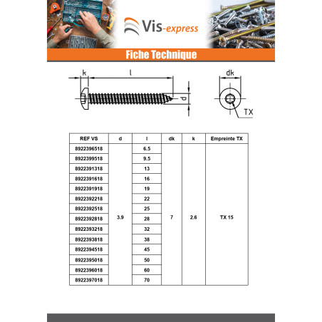 1 x Vis tôle Tête cylindrique bombée TCB 4.8X35 TORX T25 Inox A4