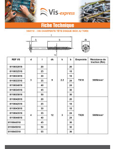 Vis charpente tête disque Inox A2 8X40 Filetage total... 2