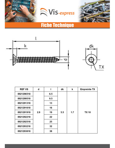 1 x Vis tôle Tête fraisée 2.9X13 TORX T10 Inox A4