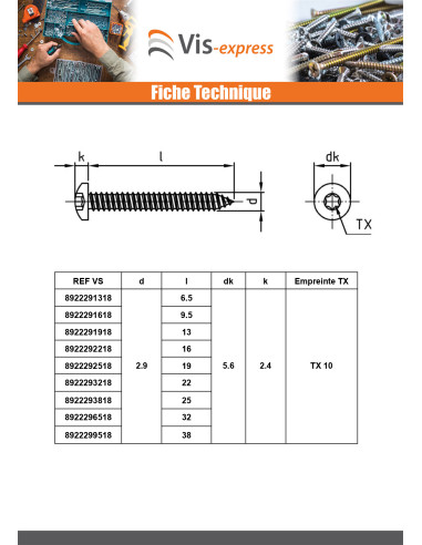 1 x Vis tôle Tête cylindrique bombée TCB 2.2X22...